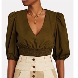 Intermix Scarlet Puff Sleeve Poplin Top S Smocked Cropped Army Green